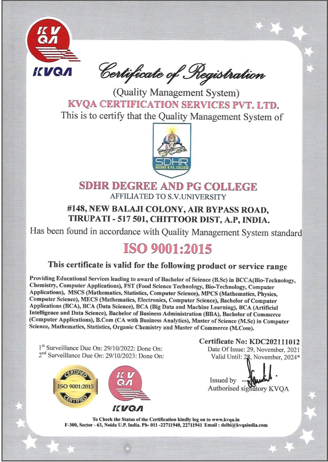 SDHR DEGREE AND PG COLLEGE ISO CERTIFICATE